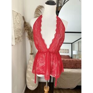 Victoria’s Secret Size Medium Red Lace Halter Babydoll Garter Lingerie